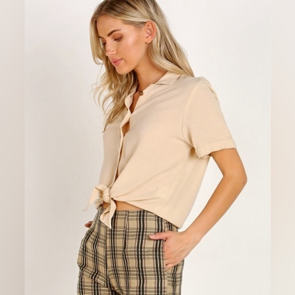 Faithfull the Brand | Tan Toulin Textured Front Knot Button Shirt Small Neutral - Picture 3 of 10